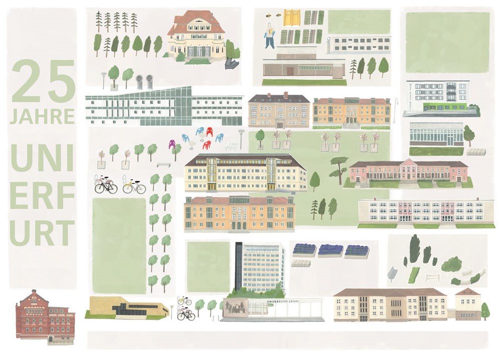Campus-Illustration Uni Erfurt, 25 Jahre Uni Erfurt